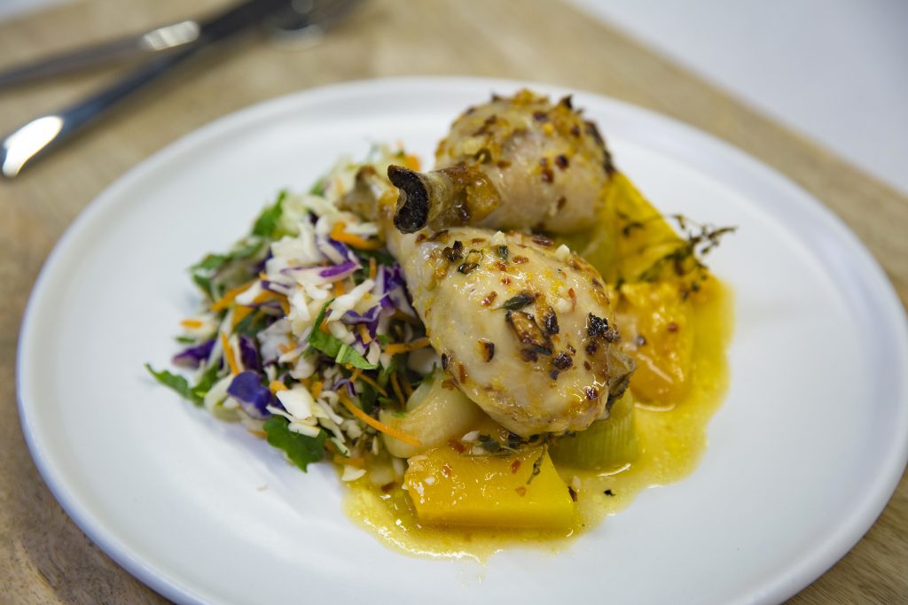 Lemon chicken, leek and pumpkin bake