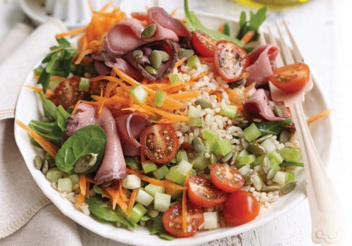 Rare roast beef, tomato, rocket and brown rice salad