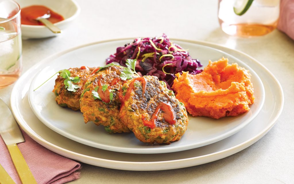 Thai turkey cakes with ginger and lemon cabbage and kumara mash Thai turkey cakes with ginger and lemon cabbage and kumara mash