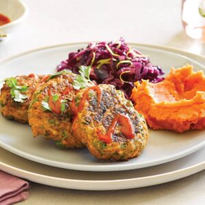 Thai turkey cakes with ginger and lemon cabbage and kumara mash