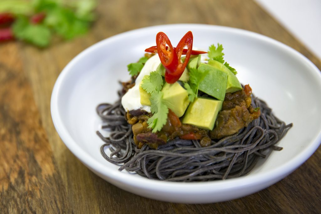 Vegetable chilli with black bean spaghetti Vegetable chilli with black bean spaghetti