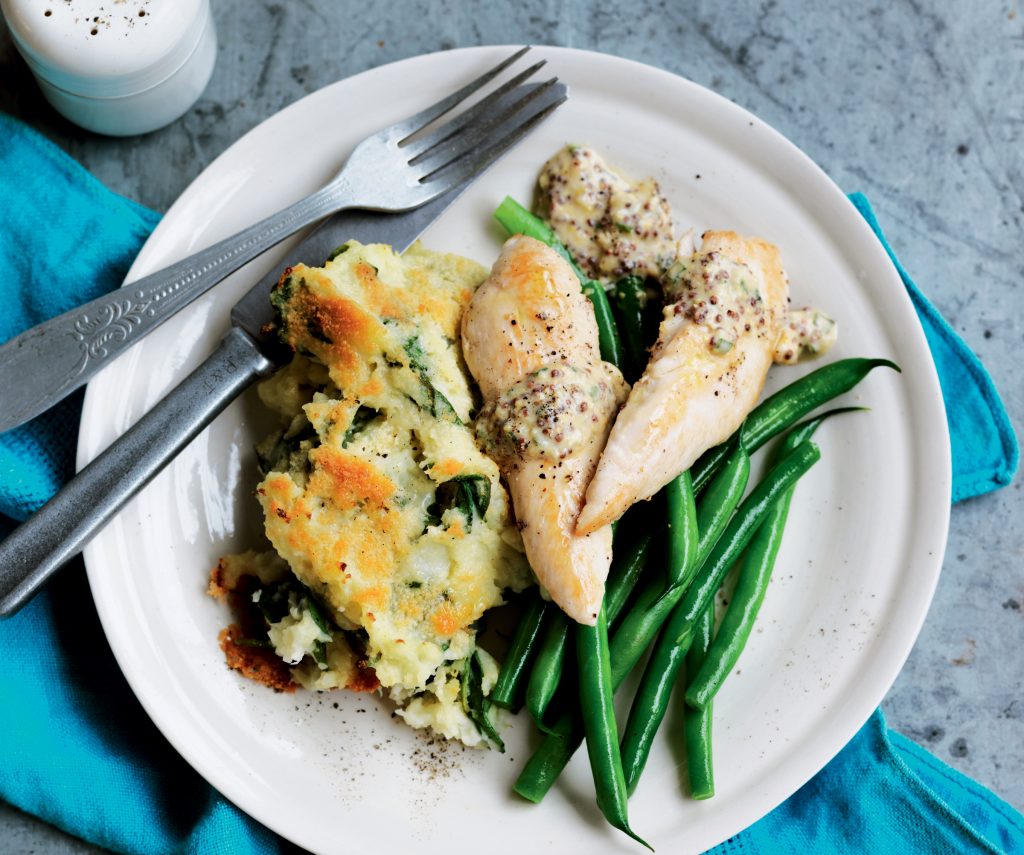 Grilled chicken and mash gratin with mustard sauce Grilled chicken and mash gratin with mustard sauce