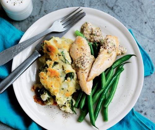 Grilled chicken and mash gratin with mustard sauce