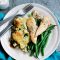 Grilled chicken and mash gratin with mustard sauce