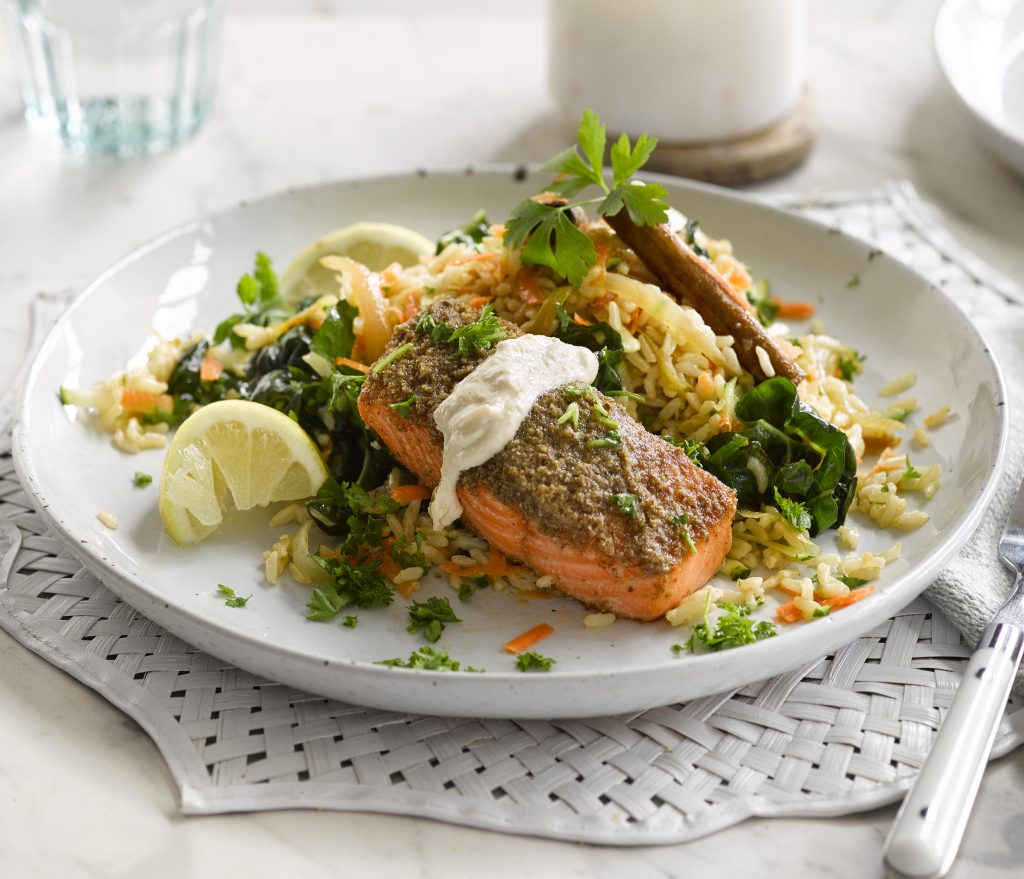 Nut and seed-crusted salmon with brown rice pilaf Nut and seed-crusted salmon with brown rice pilaf
