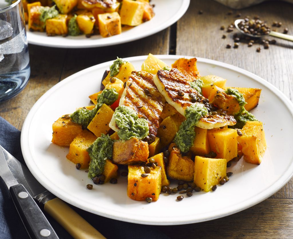 Roasted pumpkin with haloumi, crispy lentils and coriander dressing Roasted pumpkin with haloumi, crispy lentils and coriander dressing