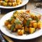 Roasted pumpkin with haloumi, crispy lentils and coriander dressing
