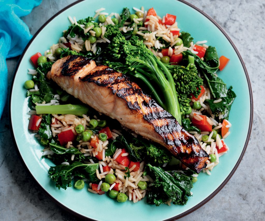 Sesame-soy salmon with stir-fried rice Sesame-soy salmon with stir-fried rice