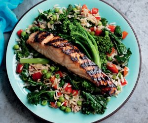 Sesame-soy salmon with stir-fried rice