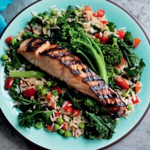 Sesame-soy salmon with stir-fried rice
