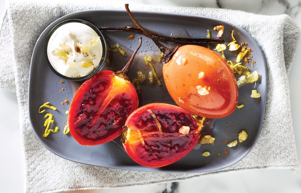 Honey vanilla tamarillos with ginger cream Honey vanilla tamarillos with ginger cream