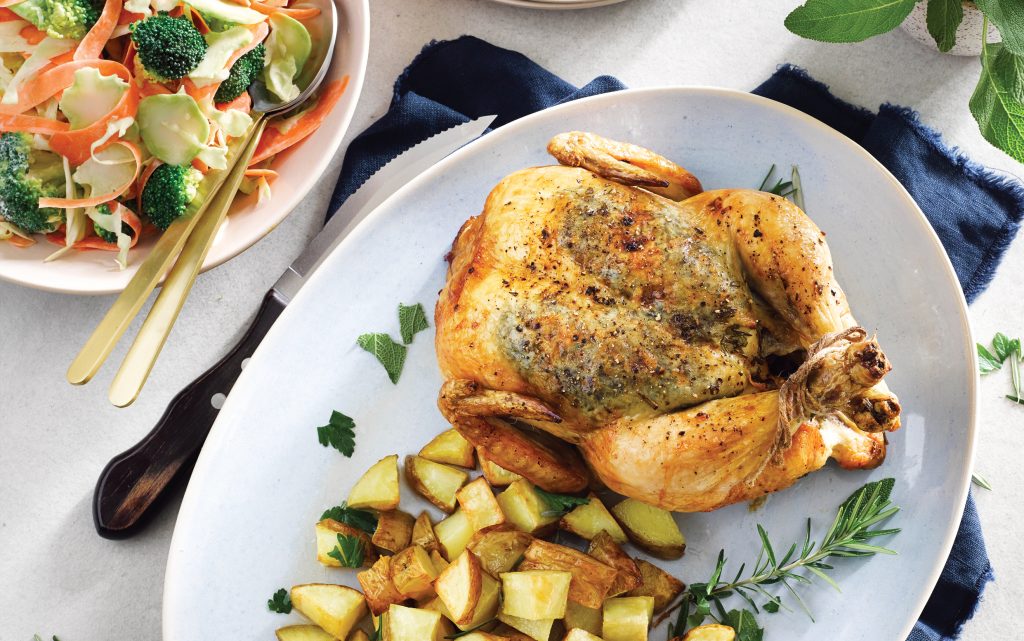 Roast herb chicken and potatoes with tangy kohlrabi slaw Roast herb chicken and potatoes with tangy kohlrabi slaw