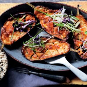 Miso-glazed roasted eggplant with sesame rice