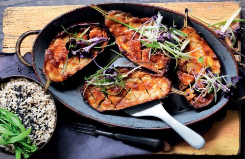 Miso-glazed roasted eggplant with sesame rice