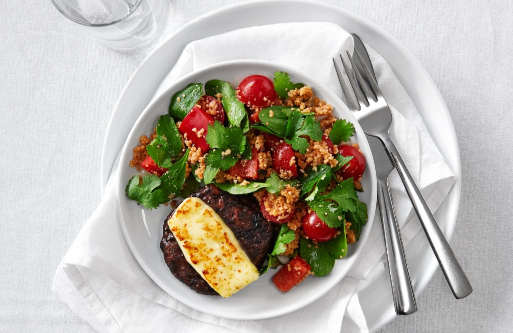 Beetroot burger melts with harissa couscous Beetroot burger melts with harissa couscous