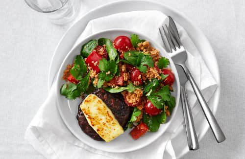 Beetroot burger melts with harissa couscous