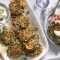 Carrot, spinach and courgette fritters with creamy feta dip