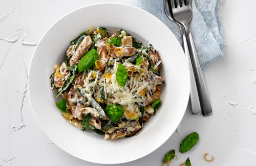 Creamy lemon and vege pasta with Chicken Free Strips