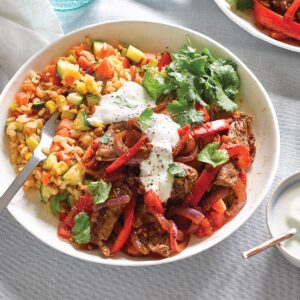Mexican beef and capsicum with rainbow rice