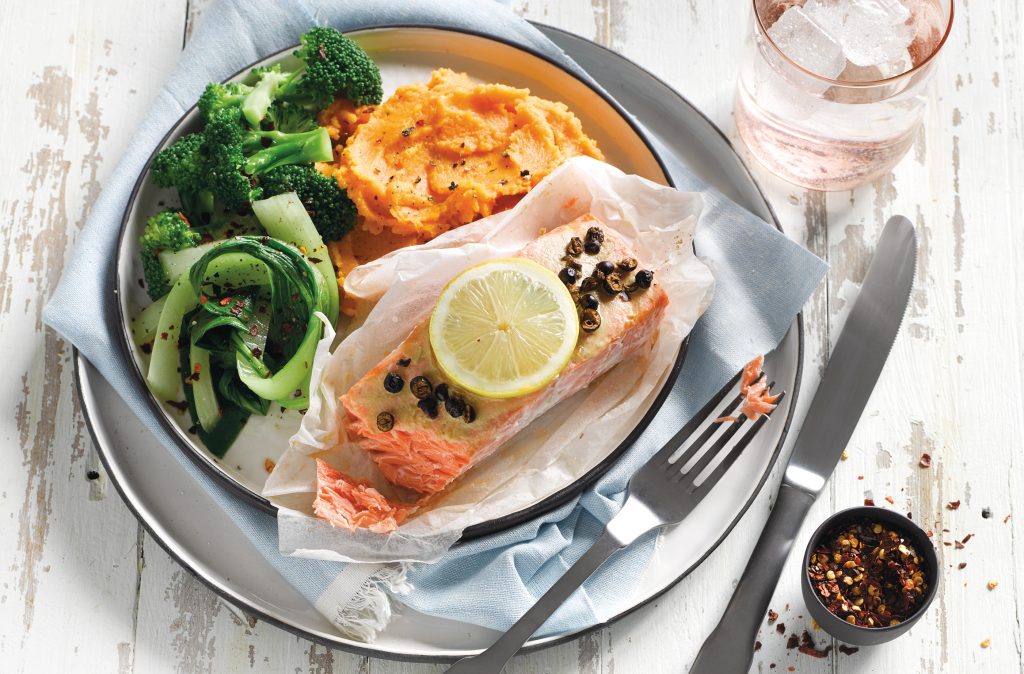 Mustard and juniper berry salmon with kumara mash Mustard and juniper berry salmon with kumara mash