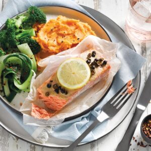 Mustard and juniper berry salmon with kumara mash