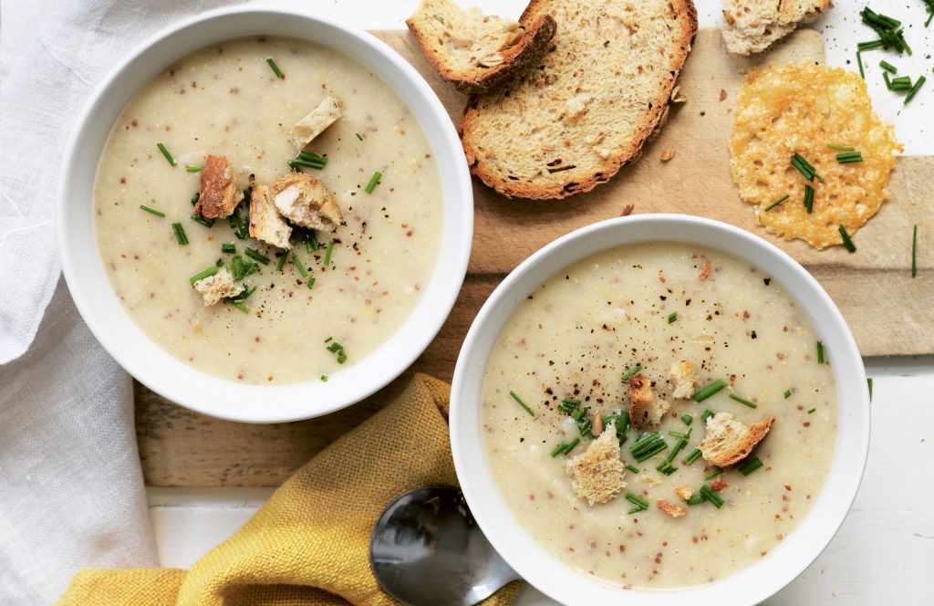 Parsnip and mustard soup with parmesan crisps Parsnip and mustard soup with parmesan crisps