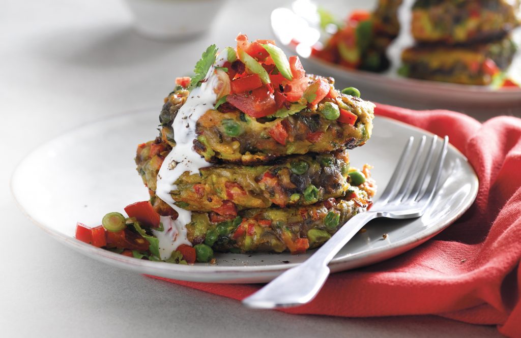 Spring vege and potato fritters with fresh tomato salsa Spring vege and potato fritters with fresh tomato salsa