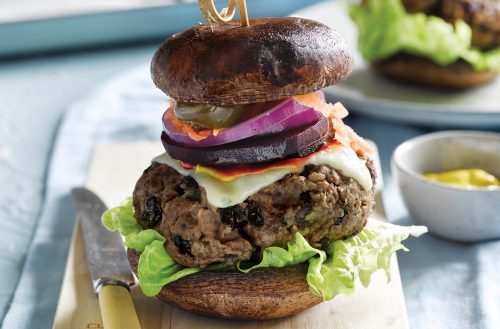 Beef and bean burgers with mushroom buns