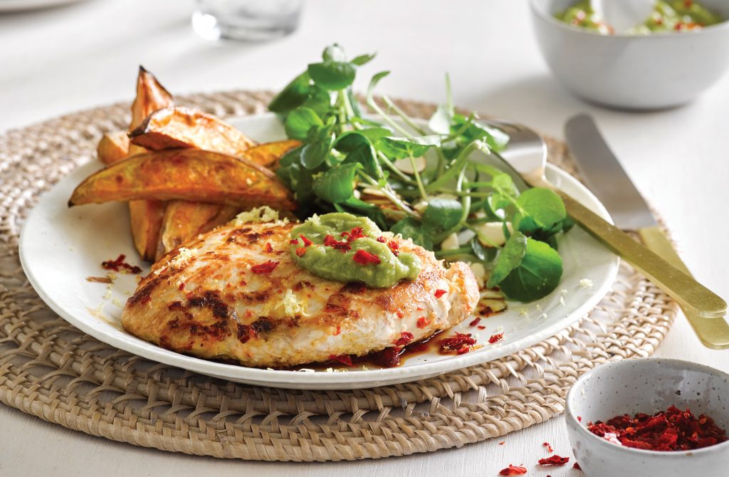 Lemon chilli chicken with kumara wedges and avocado smash Lemon chilli chicken with kumara wedges and avocado smash