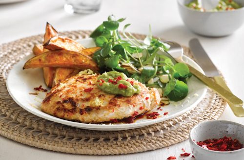 Lemon chilli chicken with kumara wedges and avocado smash