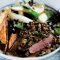Mushroom and thyme-crusted beef with pear salad