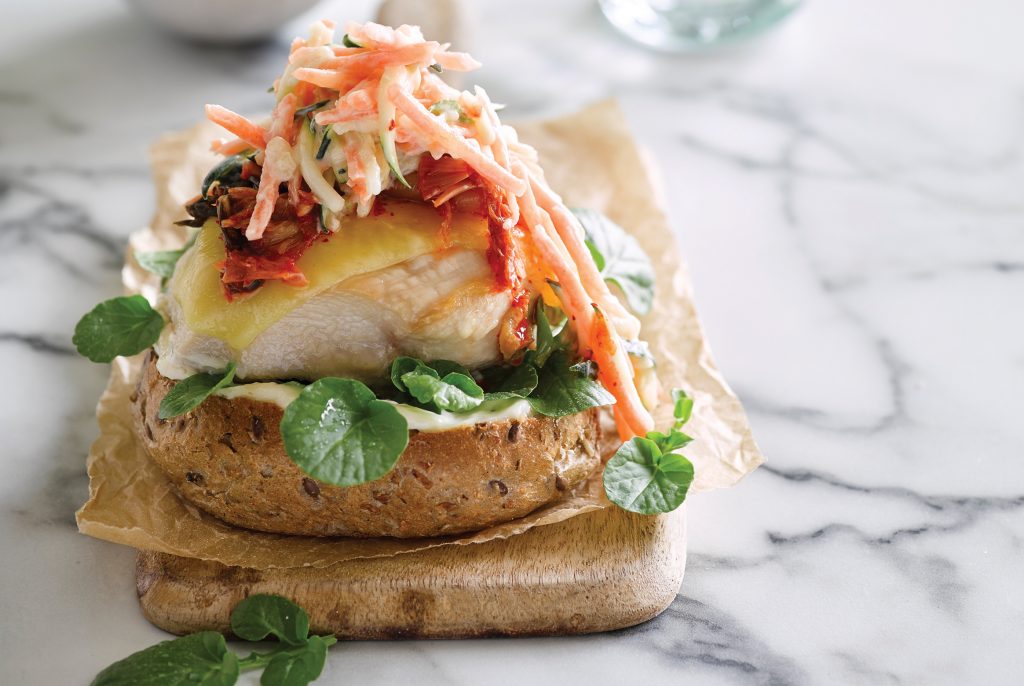 Open kimchi chicken burger Open kimchi chicken burger