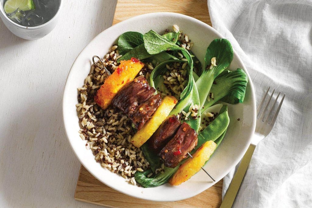 Sticky lamb kebabs with greens Sticky lamb kebabs with greens
