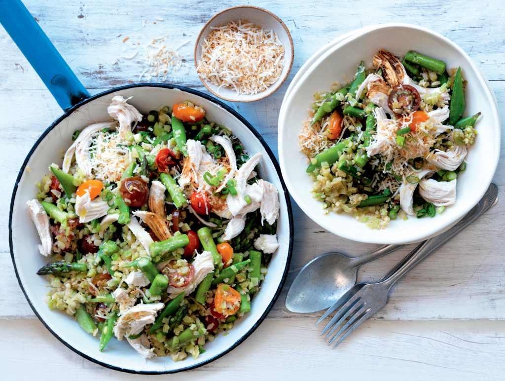 Broccoli and cauliflower ‘rice’ with summer veges