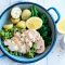 Garlicky roast chicken with mashed lemon peas