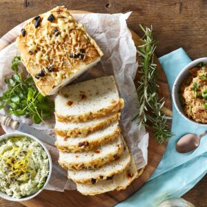 Gluten-free olive and tomato bread with dips