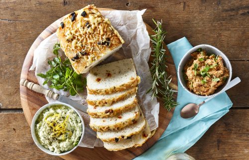 Gluten-free olive and tomato bread with dips