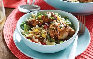 Grilled herb and paprika chicken with summer veg pasta