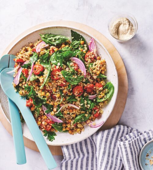 Roasted tomato, quinoa and crispy chickpea salad with creamy cashew dressing