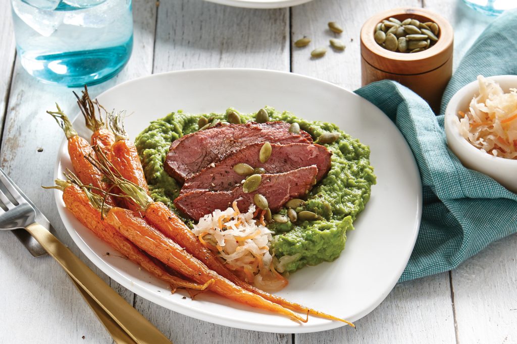 Lamb with broad bean purée and roasted baby carrots Lamb with broad bean purée and roasted baby carrots