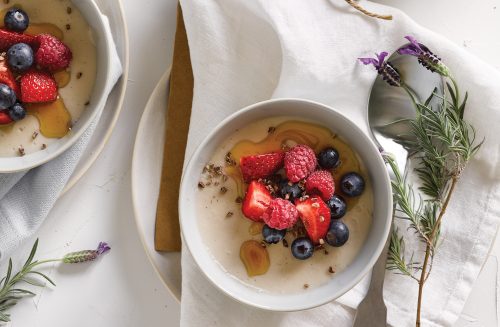 Vanilla maple custards with berries and cacao nibs