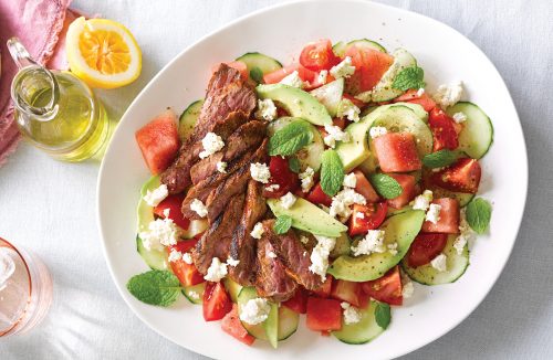 Lamb with tomato, watermelon and feta salad