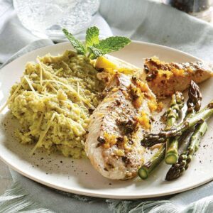 Lemon fish with summer green mash