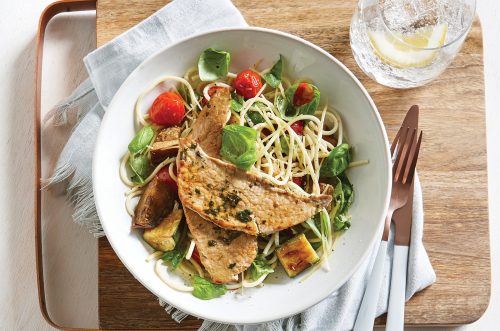 Pork schnitzel with roasted tomato pasta