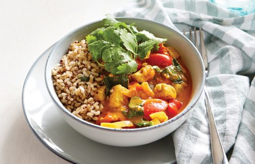 Quorn korma with wilted spinach and rice