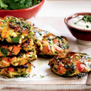 Roasted vegetable, feta and herb patties