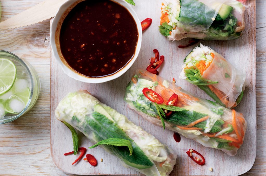 Turkey and vege rice paper rolls with peanut dipping sauce Turkey and vege rice paper rolls with peanut dipping sauce