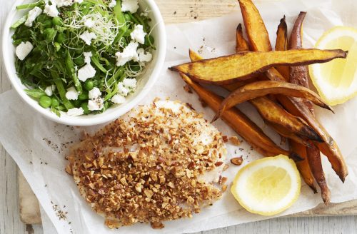Baked almond-crusted fish and sweet potato chips
