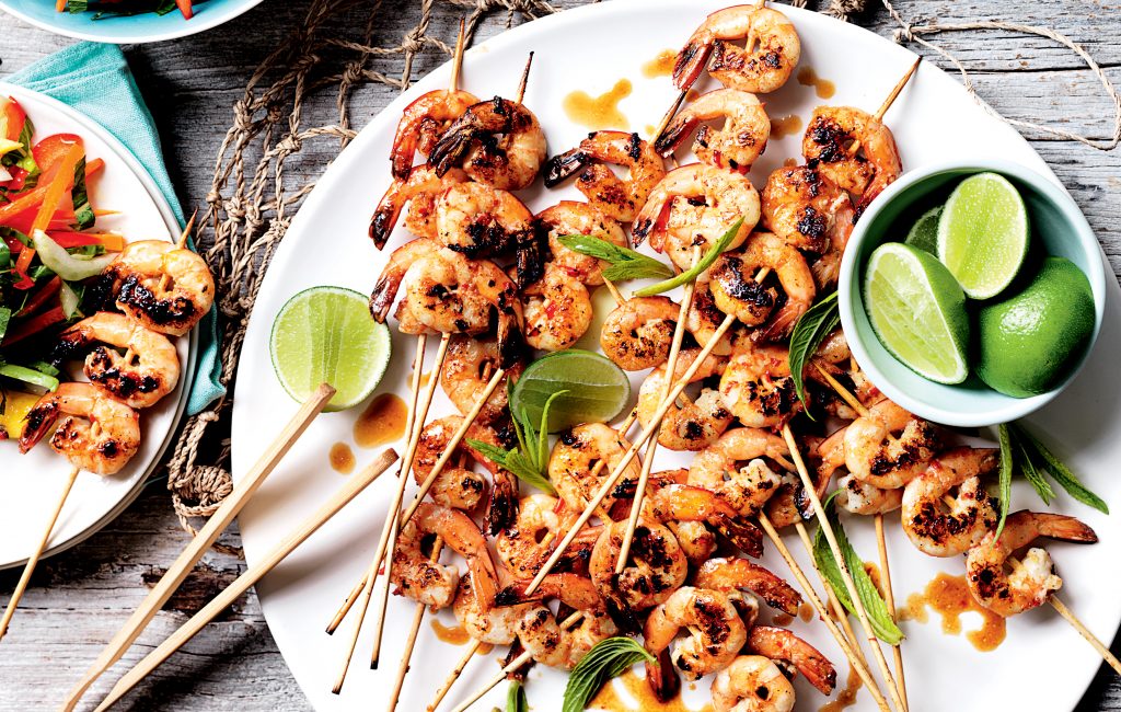 Chilli prawn skewers with mango and mint salad Chilli prawn skewers with mango and mint salad
