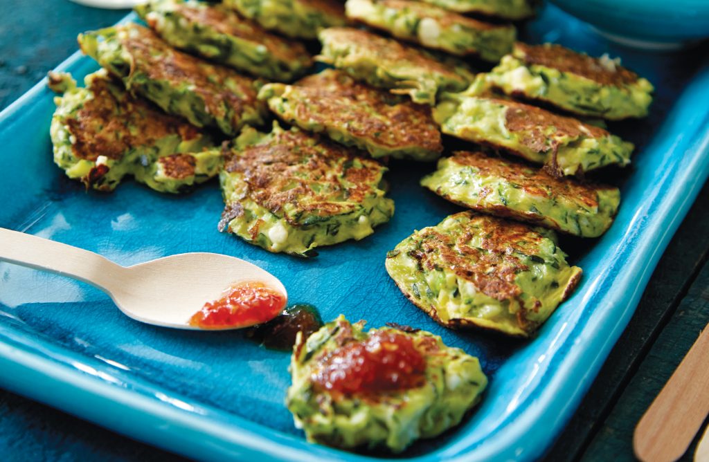 Courgette, feta and mint fritters with chilli jam Courgette, feta and mint fritters with chilli jam